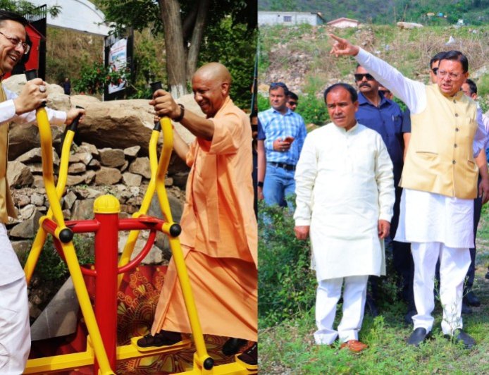 योगी के पैतृक गांव में खुला ओपन जिम, योगी धामी ने साथ में की कसरत