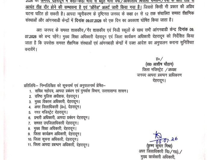 बड़ी खबर: देहरादून में कल 9 जुलाई को सभी स्कूल रहेंगे बंद, भारी बारिश के ऑरेंज अलर्ट पर डीएम का बड़ा फैसला