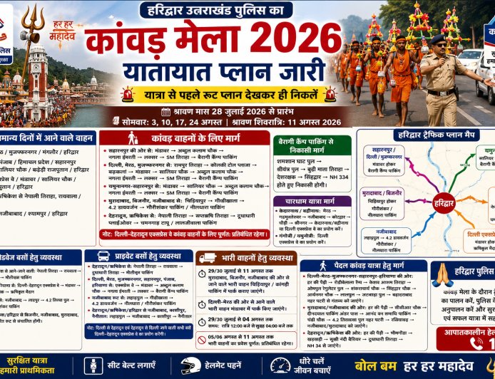 कांवड़ मेला-2026 : हरिद्वार पुलिस ने जारी किया विस्तृत ट्रैफिक प्लान, यात्रा से पहले रूट देखकर ही निकलें श्रद्धालु