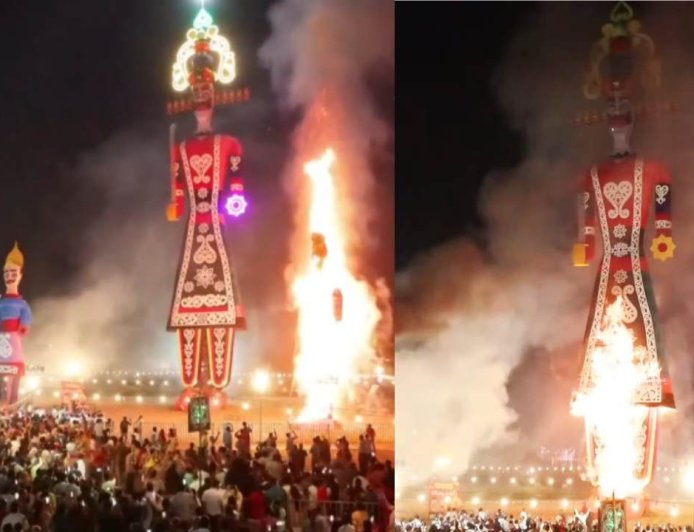 CM धामी ने परेड ग्राउंड में विजयादशमी पर्व पर की शिरकत, रिमोट दबाकर किया 181 फीट ऊंचे रावण के पुतले का दहन